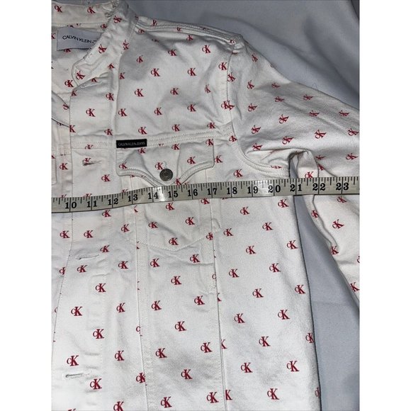 Calvin Klein Logo Jeans Trucker Jacket Red Monogram CK Logo Denim Distressed - Picture 6 of 10